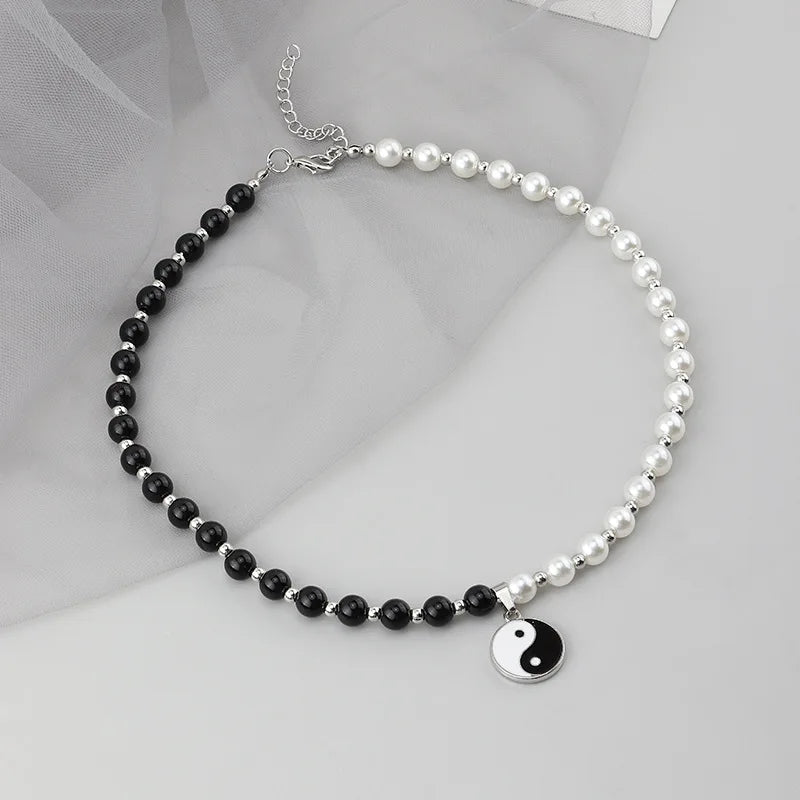 Yin Yang Tai Chi Pendant Pearl Beads Pendant Choker Necklace Punk Chain Unisex Necklace 2021 Trend Couple Women Men&