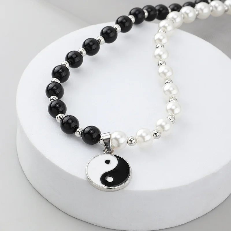 Yin Yang Tai Chi Pendant Pearl Beads Pendant Choker Necklace Punk Chain Unisex Necklace 2021 Trend Couple Women Men&