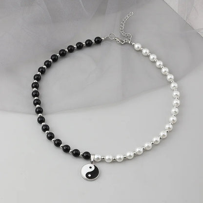 Yin Yang Tai Chi Pendant Pearl Beads Pendant Choker Necklace Punk Chain Unisex Necklace 2021 Trend Couple Women Men&