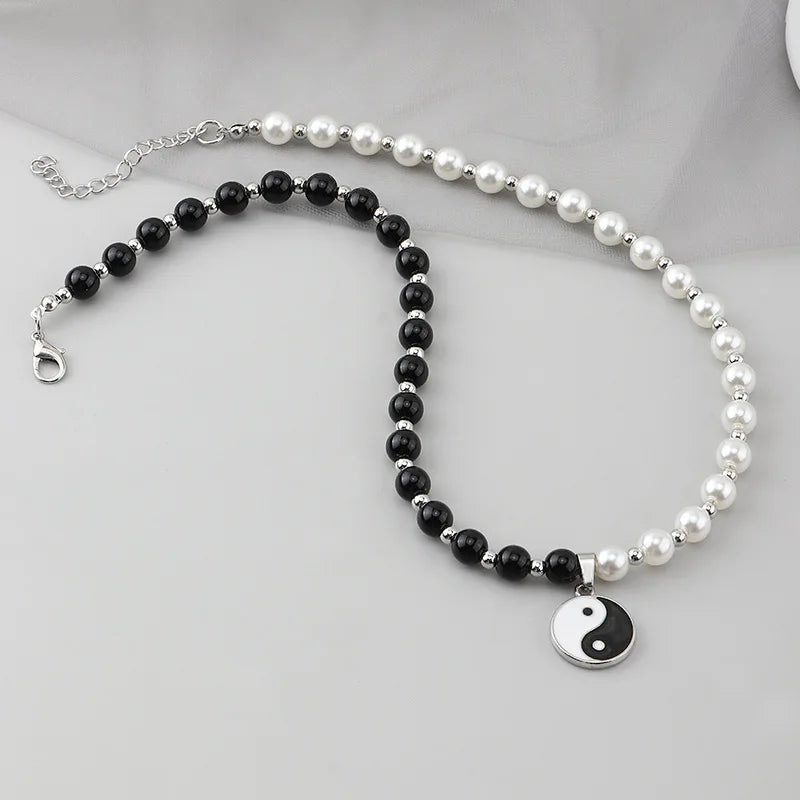 Yin Yang Tai Chi Pendant Pearl Beads Pendant Choker Necklace Punk Chain Unisex Necklace 2021 Trend Couple Women Men&