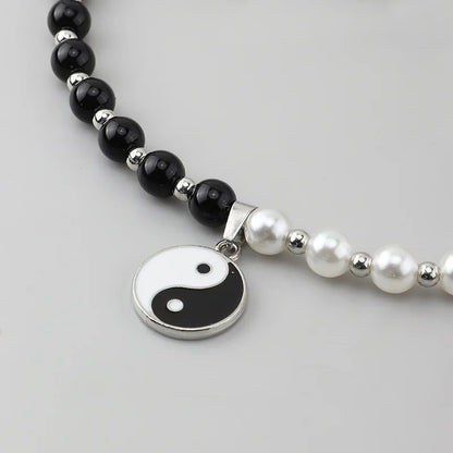 Yin Yang Tai Chi Pendant Pearl Beads Pendant Choker Necklace Punk Chain Unisex Necklace 2021 Trend Couple Women Men&