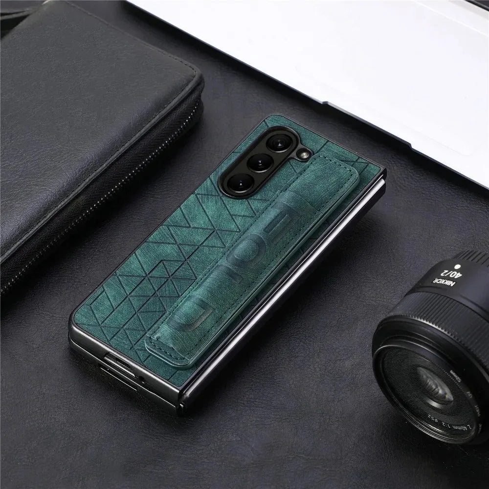 Wrist Strap PU Leather Cover for Samsung Galaxy Z Fold 6 5 4 3 5G Hard PC Phone Case with S Pen Holder &amp; Finger Grip(no Pen)