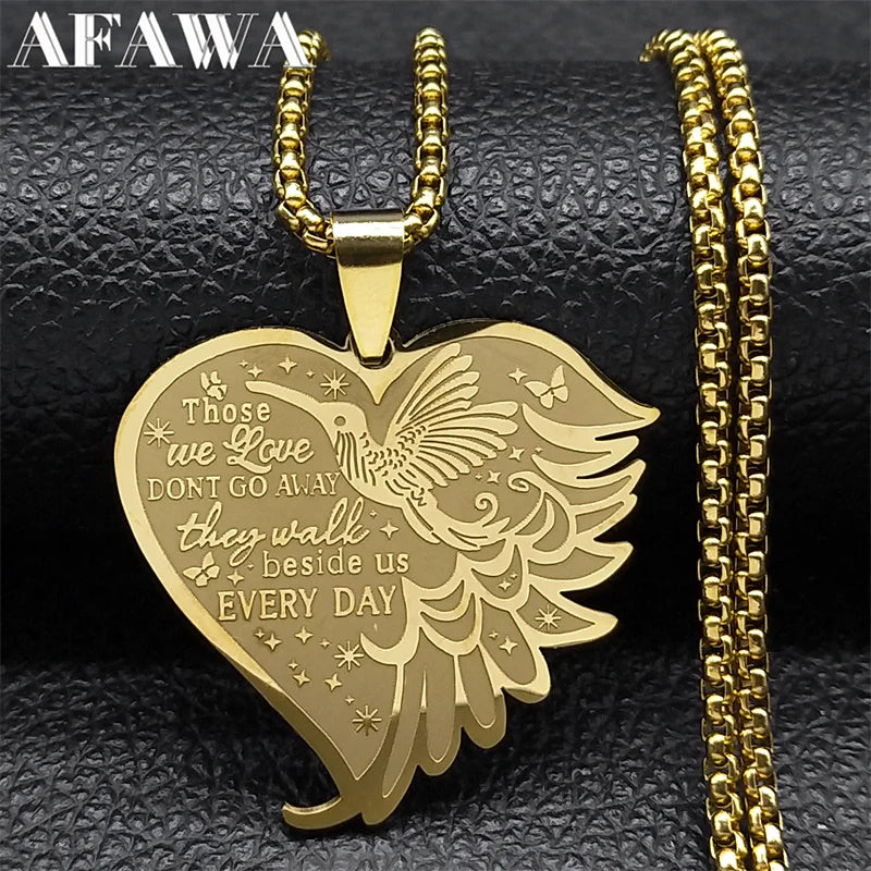 Aesthetic Hummingbird Wing Heart Necklace for Women Men Stainless Steel Those We Love Dont Go Away Chain Jewelry NZZZ545S02