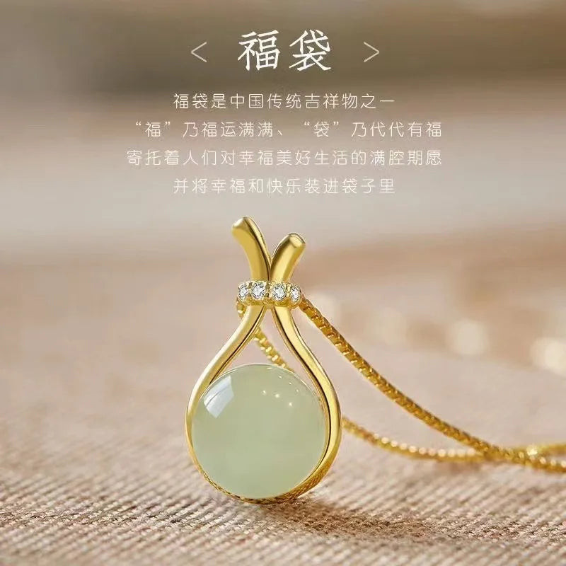 Stainless Steel Fashion light green jade Pendant  Necklaces For Women Trendy Retro Style Female Clavicle Chain Jewelry