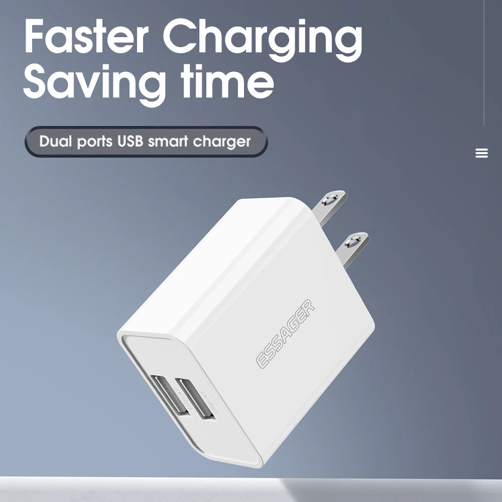 Essager 10W US Dual USB Charger Adapter Fast Charge For iPhone 14 13 Pro Max Xiaomi Huawei Portable Mobile Phone Travel Charging