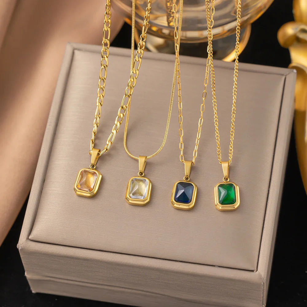 Fashion Colored Gemstone Pendant 18K Gold Plated Stainless Steel Hip Hop Necklace for Women Party Jewelry Wholesale