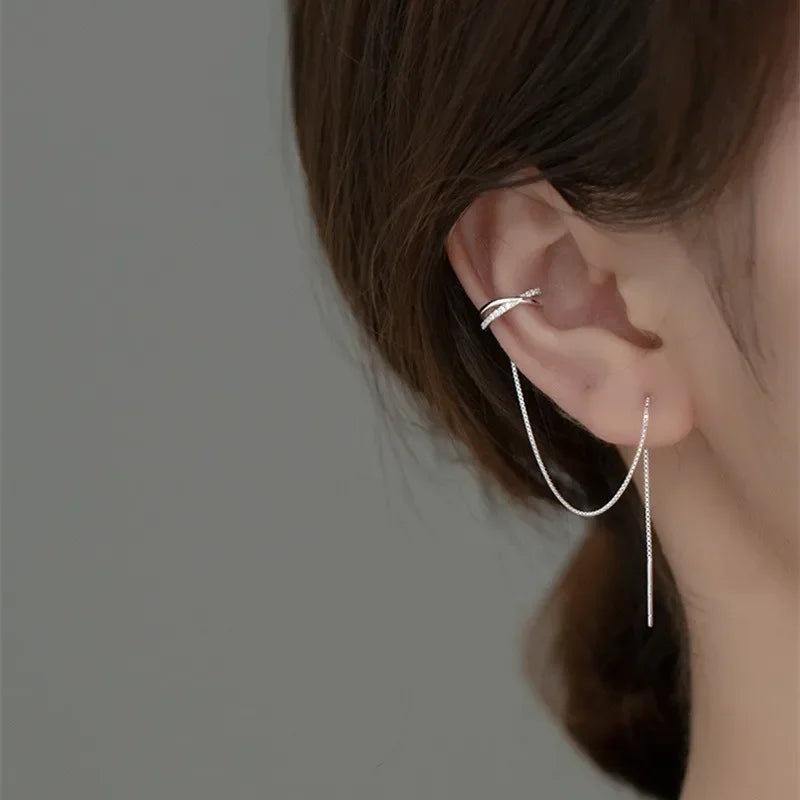 Silver Color Crystal Tassel Non-Piercing Cuff Ear Clip Earring For Women