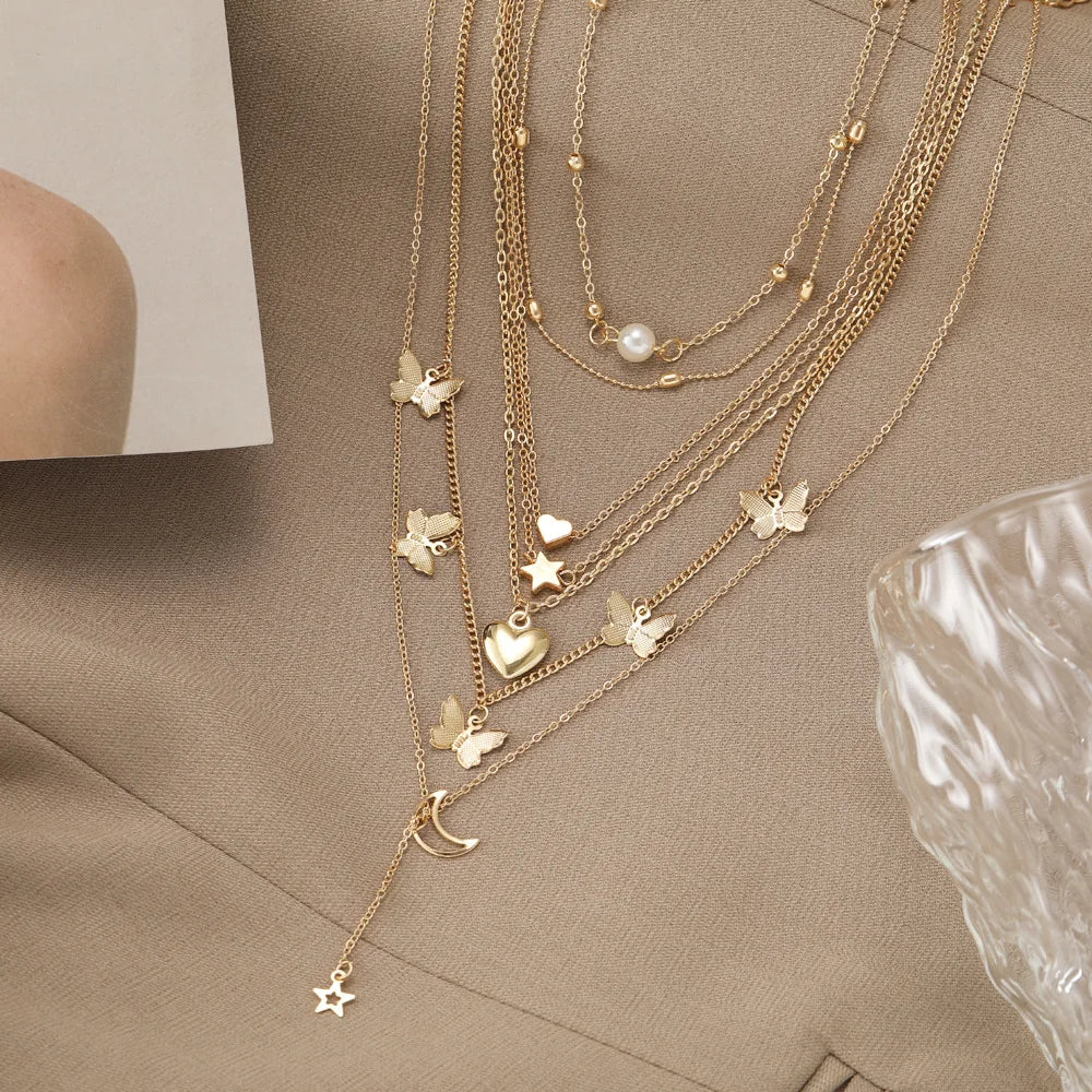 6pcs Women Necklace Set Creative Simple Fashion Moon Star Butterfly Heart-shaped Necklace Jewelry Gifts for Girls