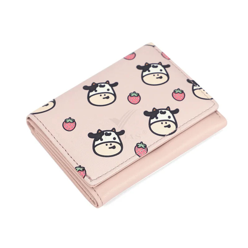 Women Cute Wallet Cow Print PU Leather Business Card Holder Female Girl Coin Purse Pouch Women Tri-fold Cartoon Short Wallet