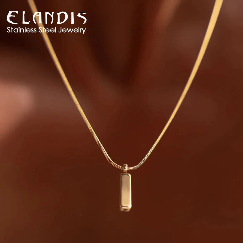 ELANDIS Simple Square Pendant Necklace Stainless Steel Gold-Plated Men&