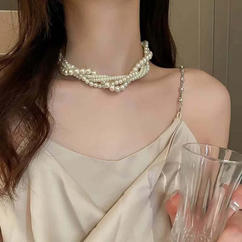 1PCS Twining Pearl Choker Necklaces Geometric Necklaces Weddings Bride Jewelry Accessories For Women