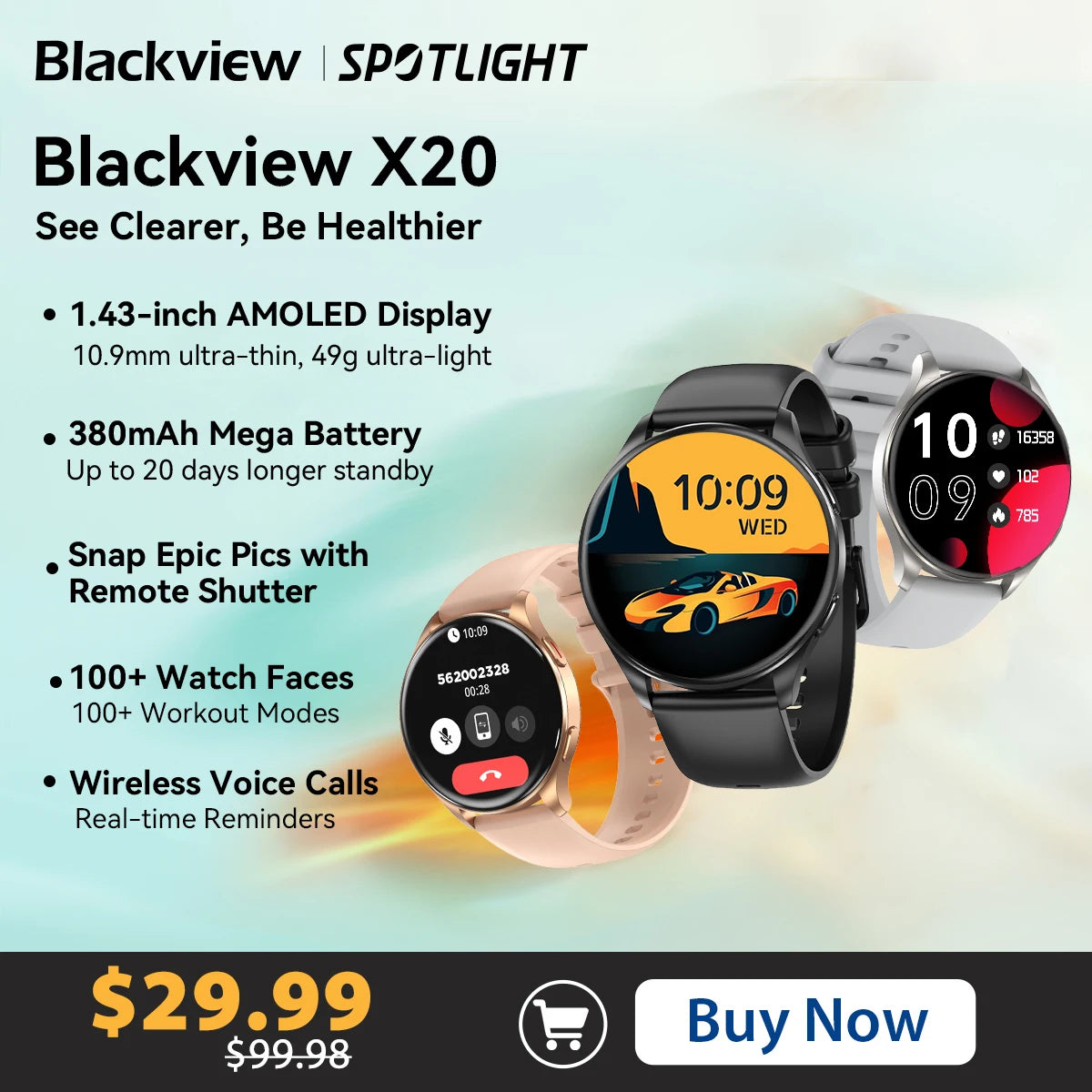 ساعة Blackview 2024 الذكية الجديدة X20 Watch AMOLED بشاشة عالية الدقة وبلوتوث ومكالمات هاتفية وتتبع الصحة واللياقة البدنية لنظام Android ISO