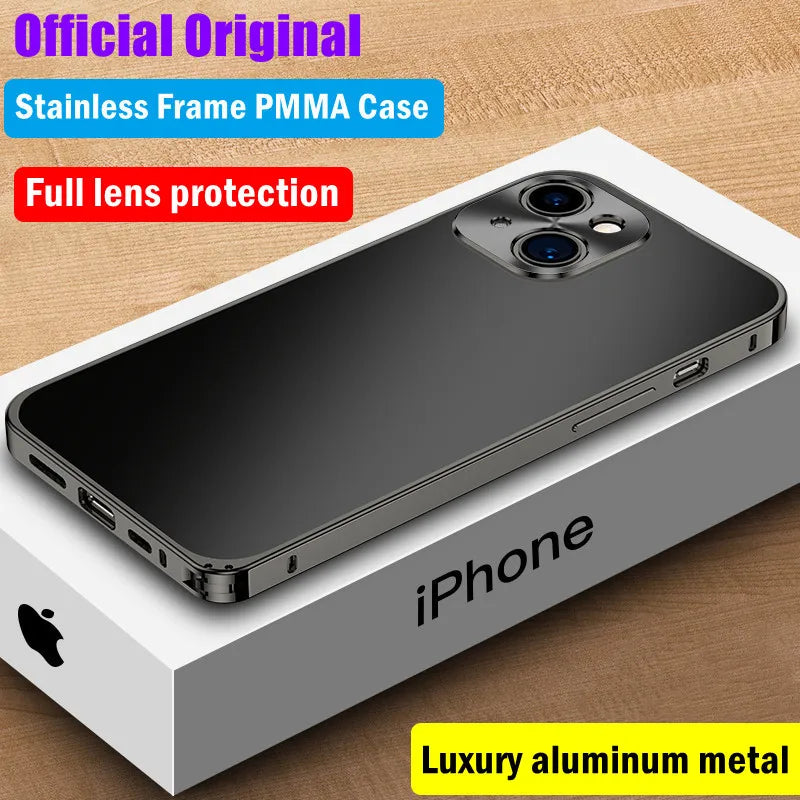 For iPhone 15 14 13 12 Pro Max 15Pro Case Stainless Steel Metal Frame Solid Color Ultra thin Aluminum Lens Protection Back Cover