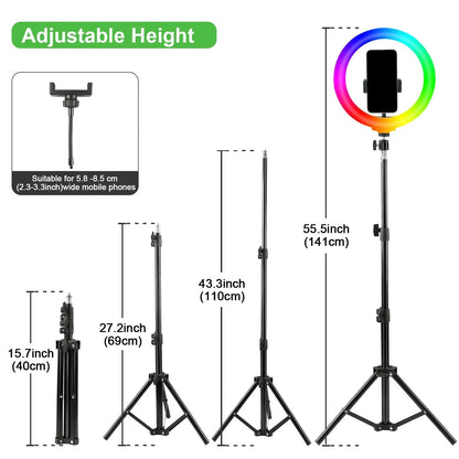 Zomei 10/12in RGB Selfie Ring Light Tripod 110CM LED Fill Light Photography Stand Holder For Mobile Phone Camera Smartphone