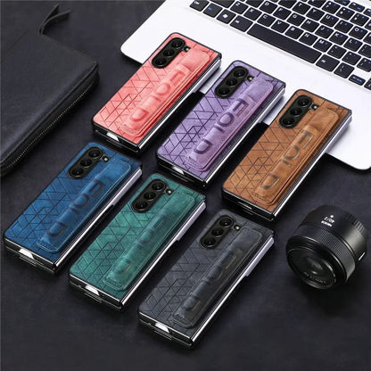 Wrist Strap PU Leather Cover for Samsung Galaxy Z Fold 6 5 4 3 5G Hard PC Phone Case with S Pen Holder &amp; Finger Grip(no Pen)