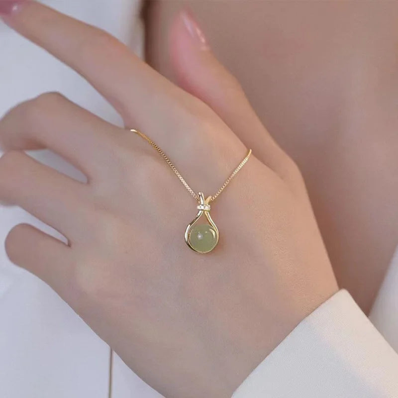 Stainless Steel Fashion light green jade Pendant  Necklaces For Women Trendy Retro Style Female Clavicle Chain Jewelry