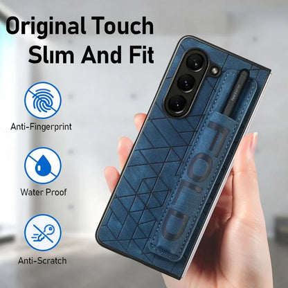 Wrist Strap PU Leather Cover for Samsung Galaxy Z Fold 6 5 4 3 5G Hard PC Phone Case with S Pen Holder &amp; Finger Grip(no Pen)