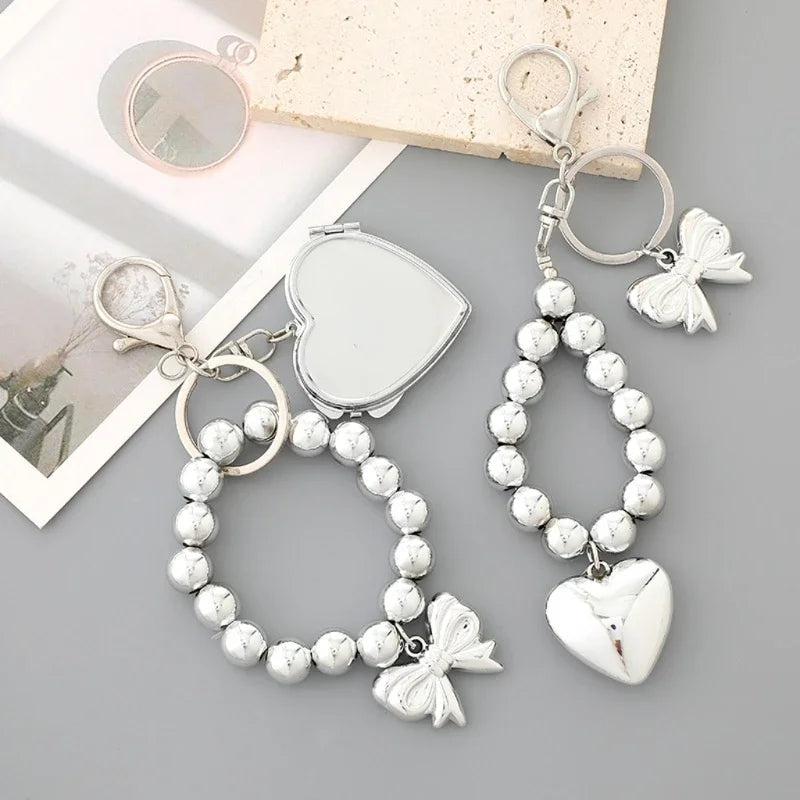 Silver Color Plastic Keyring Bracelets for Women,Beaded Wristlet Keychain Key Chain with Bows Heart Pendant,Girl Gift