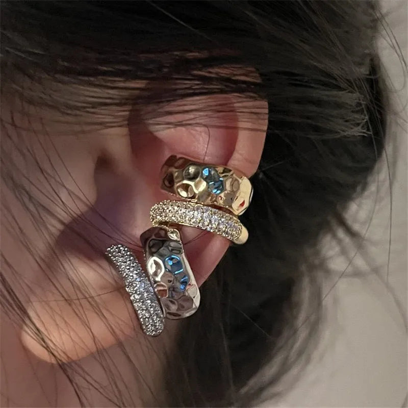 KOTiK New Trending Zircon Double-layer Ear Cuff No Piercing Earring Punk Unique Metal Geometric Ear Clip for Women Y2K Jewelry