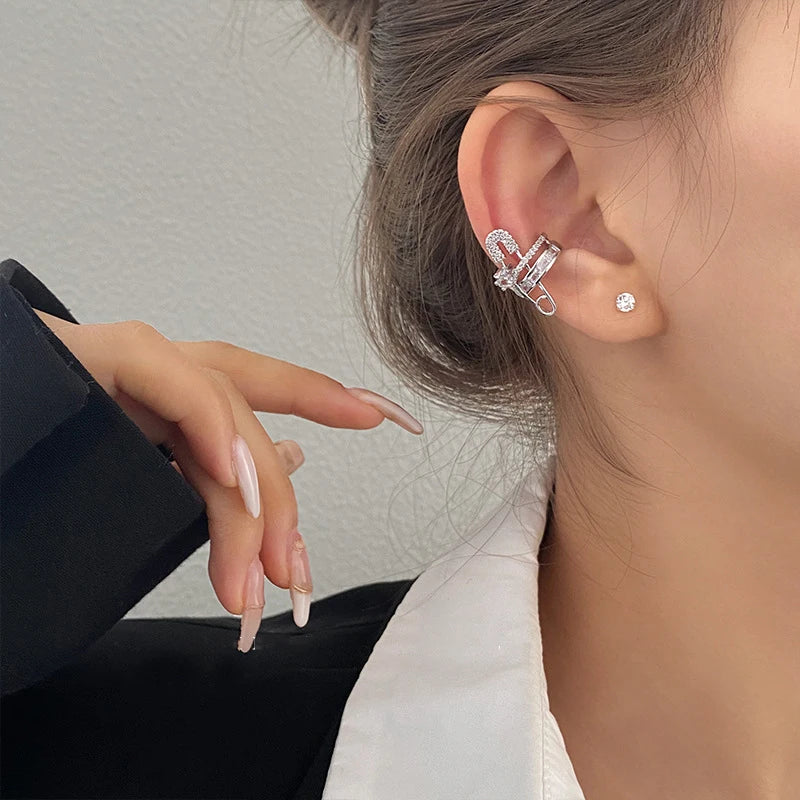 WLP Vintage Silver Color Pin Shape Rhinestone Zircon Ear Clip for Women No Piercing Korean Fashion 1Pc Ear Cuff Jewelry Gift