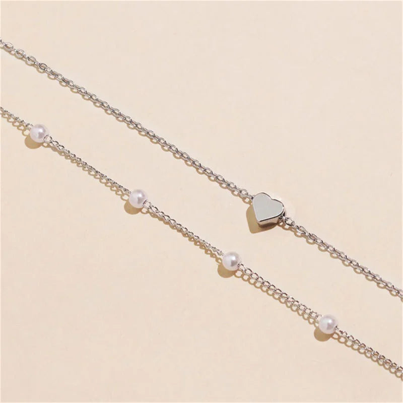 Simple Pearl Choker Necklaces for Women Fashion Double Layer Chain Small Love Heart Pendant Necklace Jewelry Gift Wholesale