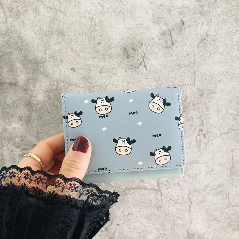 Women Cute Wallet Cow Print PU Leather Business Card Holder Female Girl Coin Purse Pouch Women Tri-fold Cartoon Short Wallet