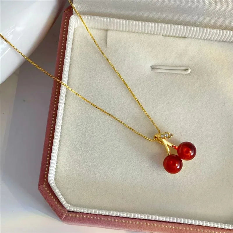 Wine Red Cherry Gold Colour Pendant Necklace Earrings set For Women Personality Fashion Necklace Wedding Jewelry Birthday Gifts