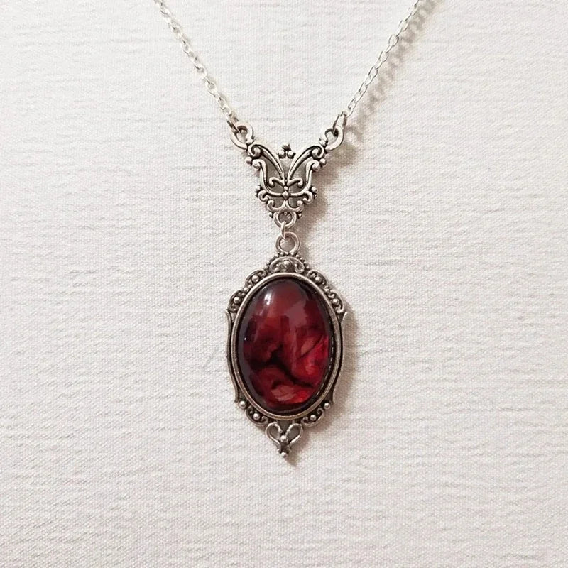 Gothic Blood Red Quartz Charm Necklace Butterfly Necklace For Women Vampire Embossed Witch Jewelry Accessories Vintage Chokers