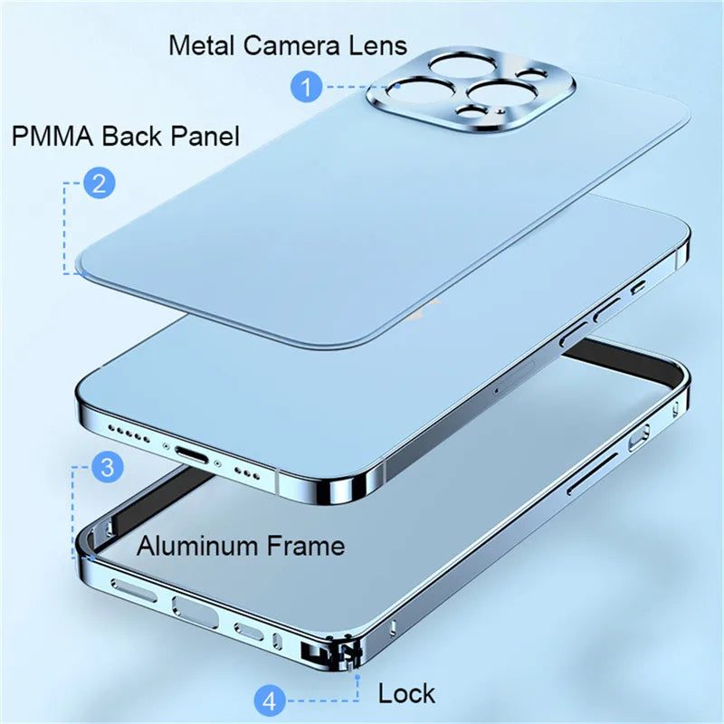 For iPhone 15 14 13 12 Pro Max 15Pro Case Stainless Steel Metal Frame Solid Color Ultra thin Aluminum Lens Protection Back Cover