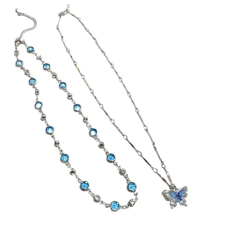 Romantic Blue Crystal Butterfly Necklace for Women Girls Simple Shiny Zircon Bilayer Choker Clavicle Chain New Fine Jewelry Gift