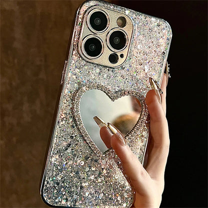 Luxury Bling Glitter Plating 3D Love Heart Mirror Sequins Phone Case For iphone 14 15 13 12 Pro Max 11 INS Lens Protection Cover