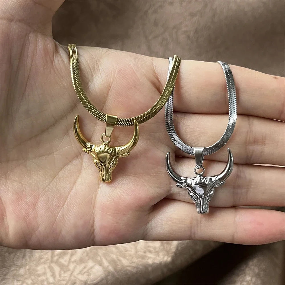 Fashion Bull Head Pendant Animal Cowboy Necklace Women Men Stainless Steel Silver Color Mexican Cow Necklaces Punk Jewelry