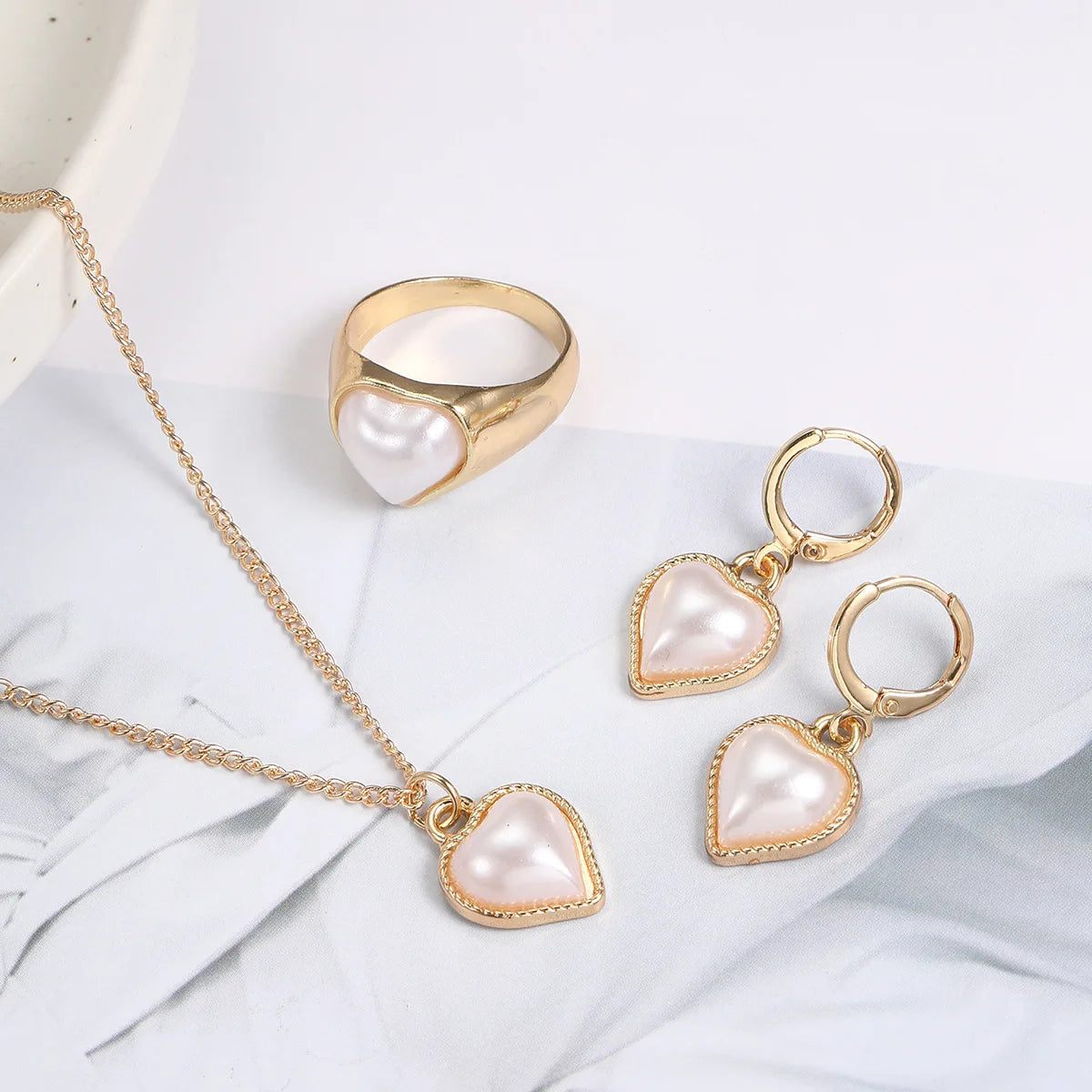 Fashion 3-piece Set Pearl Jewelry Set for Women Korean Heart Ring Pendant Necklace Hoop Earrings Set Trendy Elegant Wedding Gift