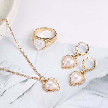 Fashion 3-piece Set Pearl Jewelry Set for Women Korean Heart Ring Pendant Necklace Hoop Earrings Set Trendy Elegant Wedding Gift