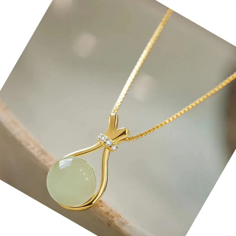 Stainless Steel Fashion light green jade Pendant  Necklaces For Women Trendy Retro Style Female Clavicle Chain Jewelry