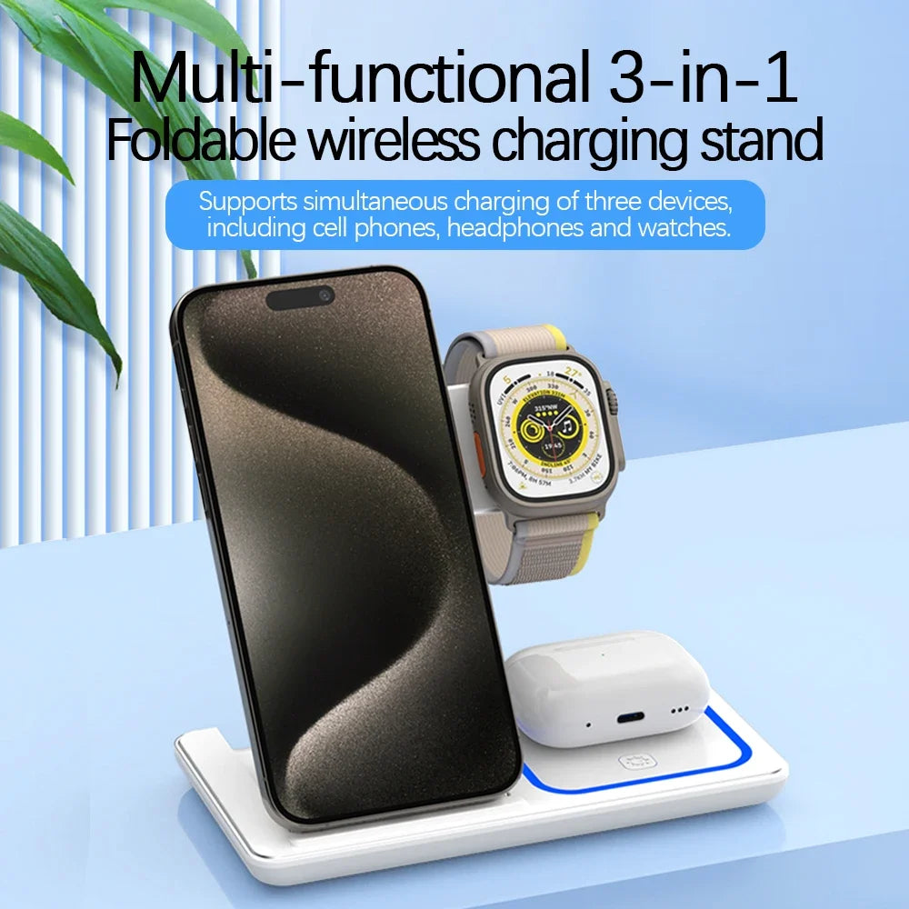 3 In 1 Foldable Wireless Charger Stand Pad LED Light 30W Fast Charging Station For iPhone 15 14 13 12 8 X iWatch 9 8 7 Airprods