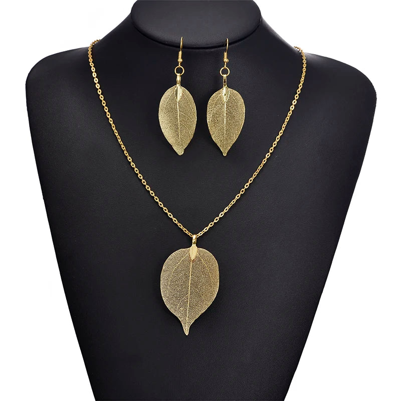 Unique Filigree Natural Real Leaf Earrings For Women Gold Silver Color Wedding Earrings Chain Long Necklace Jewelry Set Gift