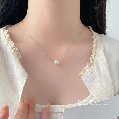 8mm Imitation Pearl Pendant Necklace for Women Elegant Romantic Invisible Fish Wire Clavicle Bead Collar Wedding Jewelry