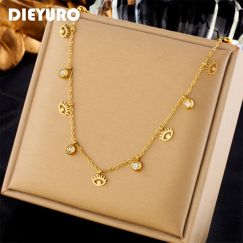 DIEYURO 316L Stainless Steel Eye Crystal Pendant Necklace For Women Girl New Trend Clavicle Chain Jewelry Gift Party Bijoux