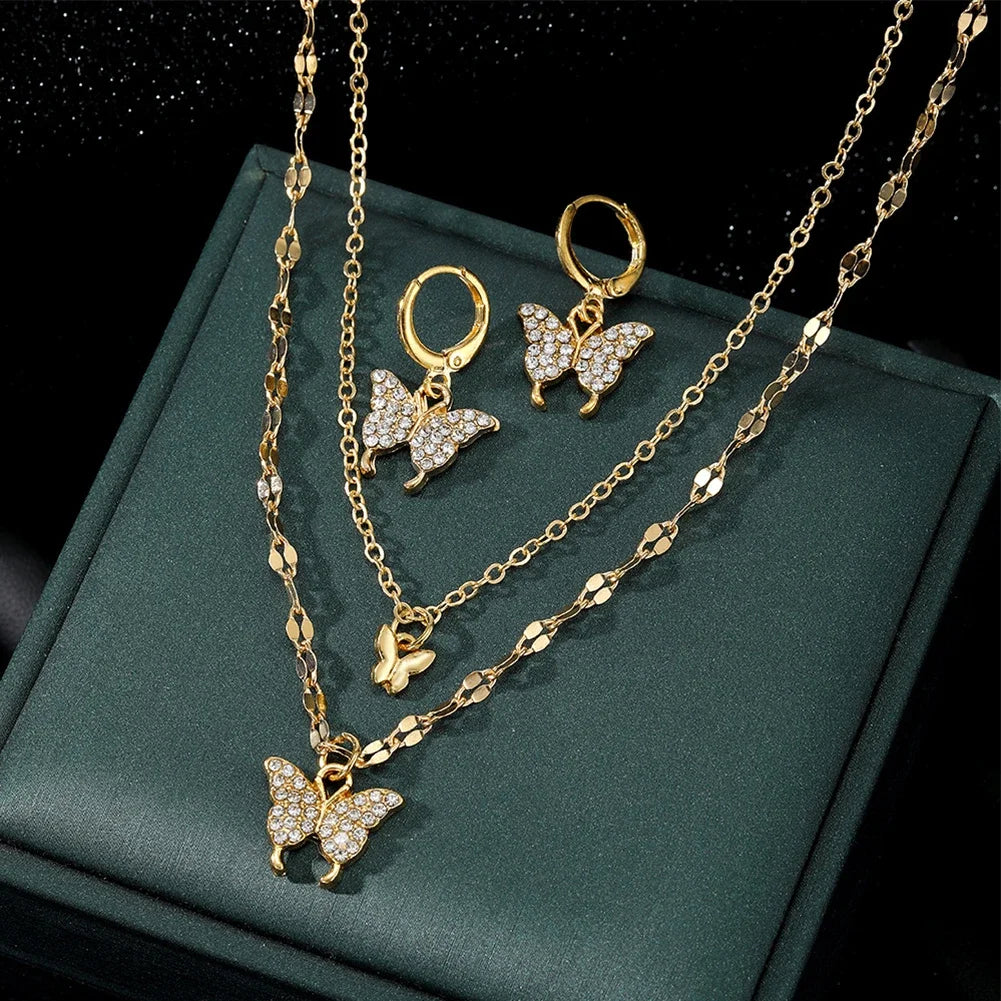 Necklaces Suits Wedding Fashion Butterfly Pendant Necklace &amp; Earrings Set New Trend-Crystal Jewelry Set For Women Girls Gifts