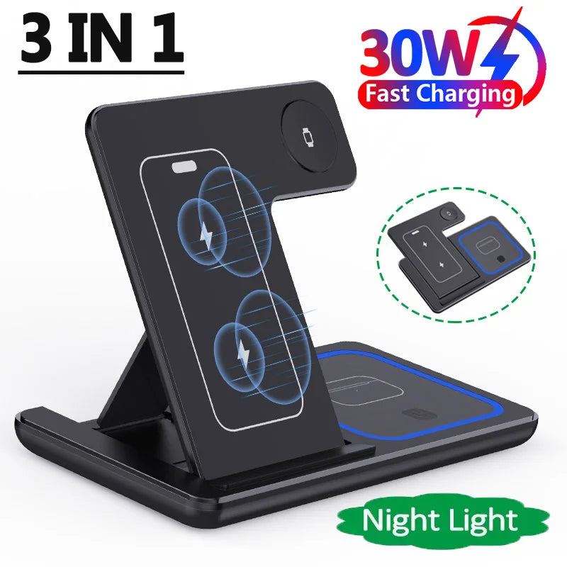 3 In 1 Foldable Wireless Charger Stand Pad LED Light 30W Fast Charging Station For iPhone 15 14 13 12 8 X iWatch 9 8 7 Airprods