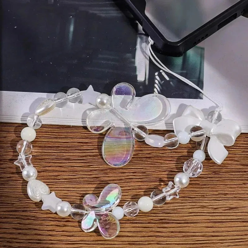 Trendy Butterfly Pearl Acrylic Beaded Mobile Phone Chain Strap Key Chain for Women Anti-Lost Phone Lanyard Charm Accessories New