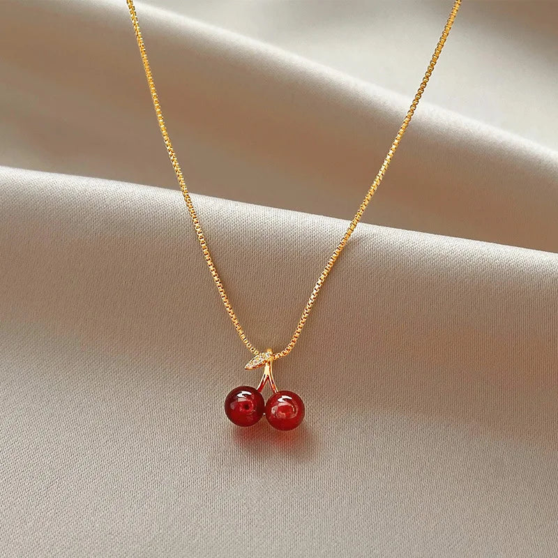 Wine Red Cherry Gold Colour Pendant Necklace Earrings set For Women Personality Fashion Necklace Wedding Jewelry Birthday Gifts