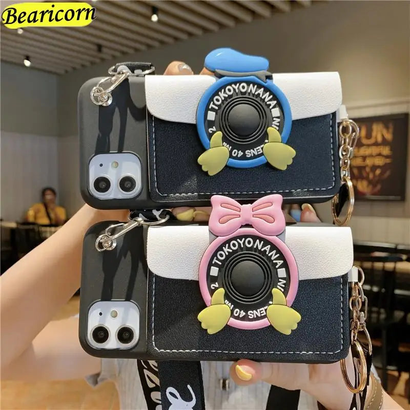 3D Mouse Camera Wallet Soft Phone Case for Samsung Galaxy S6 S7 Edge S8 S9 S10 Lite S10e S21 S20 FE S22 Ultra Plus Strap Cover