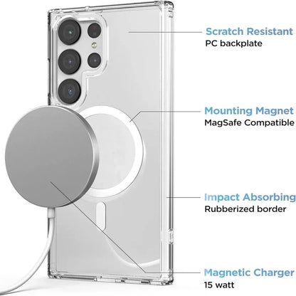 جراب Magsafe شفاف لهاتف Samsung Galaxy S24 S23 S22 Ultra Plus مزود بشحن لاسلكي ومضاد للصدمات ومتوافق مع غطاء Magsafe