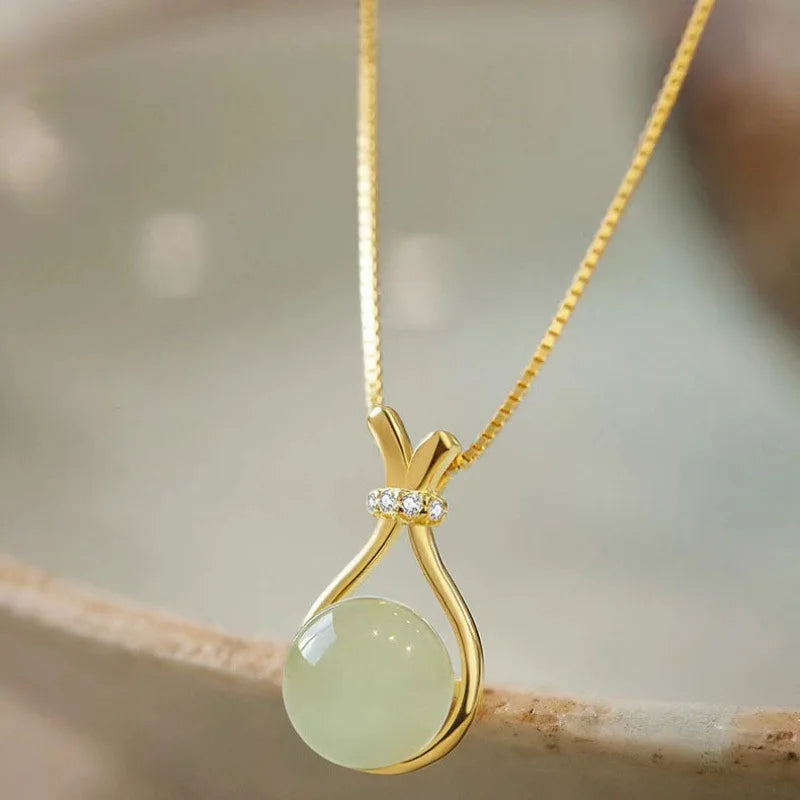 Stainless Steel Fashion light green jade Pendant  Necklaces For Women Trendy Retro Style Female Clavicle Chain Jewelry