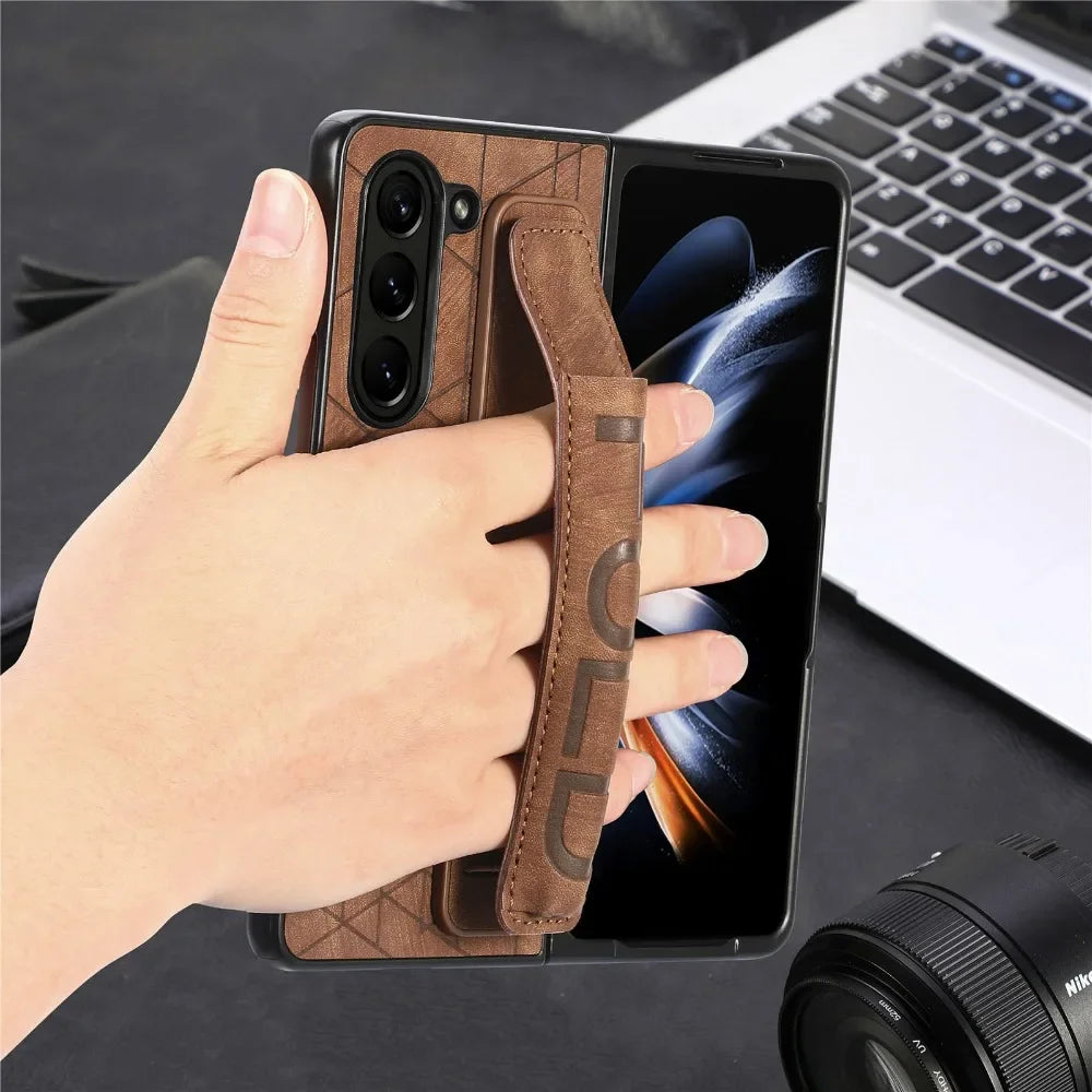 Wrist Strap PU Leather Cover for Samsung Galaxy Z Fold 6 5 4 3 5G Hard PC Phone Case with S Pen Holder &amp; Finger Grip(no Pen)