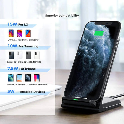 15W Wireless Charger Stand for iPhone 16 15 14 13 12 11 Pro XS XR X Fast Charging Station Dock for Samsung S24 S23 Phone Charger