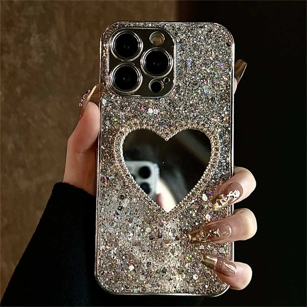 Luxury Bling Glitter Plating 3D Love Heart Mirror Sequins Phone Case For iphone 14 15 13 12 Pro Max 11 INS Lens Protection Cover