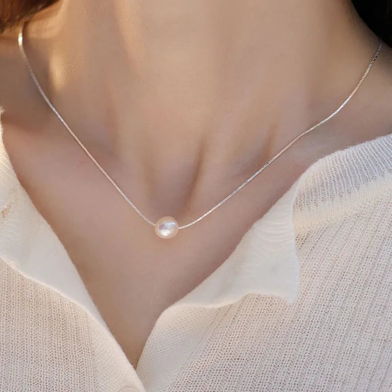 8mm Imitation Pearl Pendant Necklace for Women Elegant Romantic Invisible Fish Wire Clavicle Bead Collar Wedding Jewelry